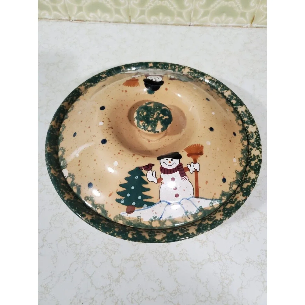 LTD Limited  9” Christmas Snowman Pie Dish W/ Lid Stoneware Green Sponge Edges